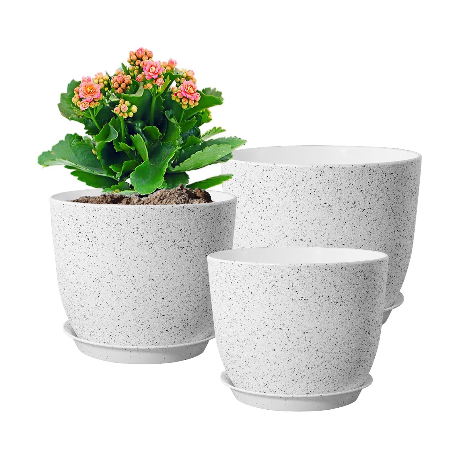 WSMKSZ 10/9/8 inch Medium Plant Pots, Set of 3 Modern Decorative Plastic Planters with Drainage Holes and Saucers for