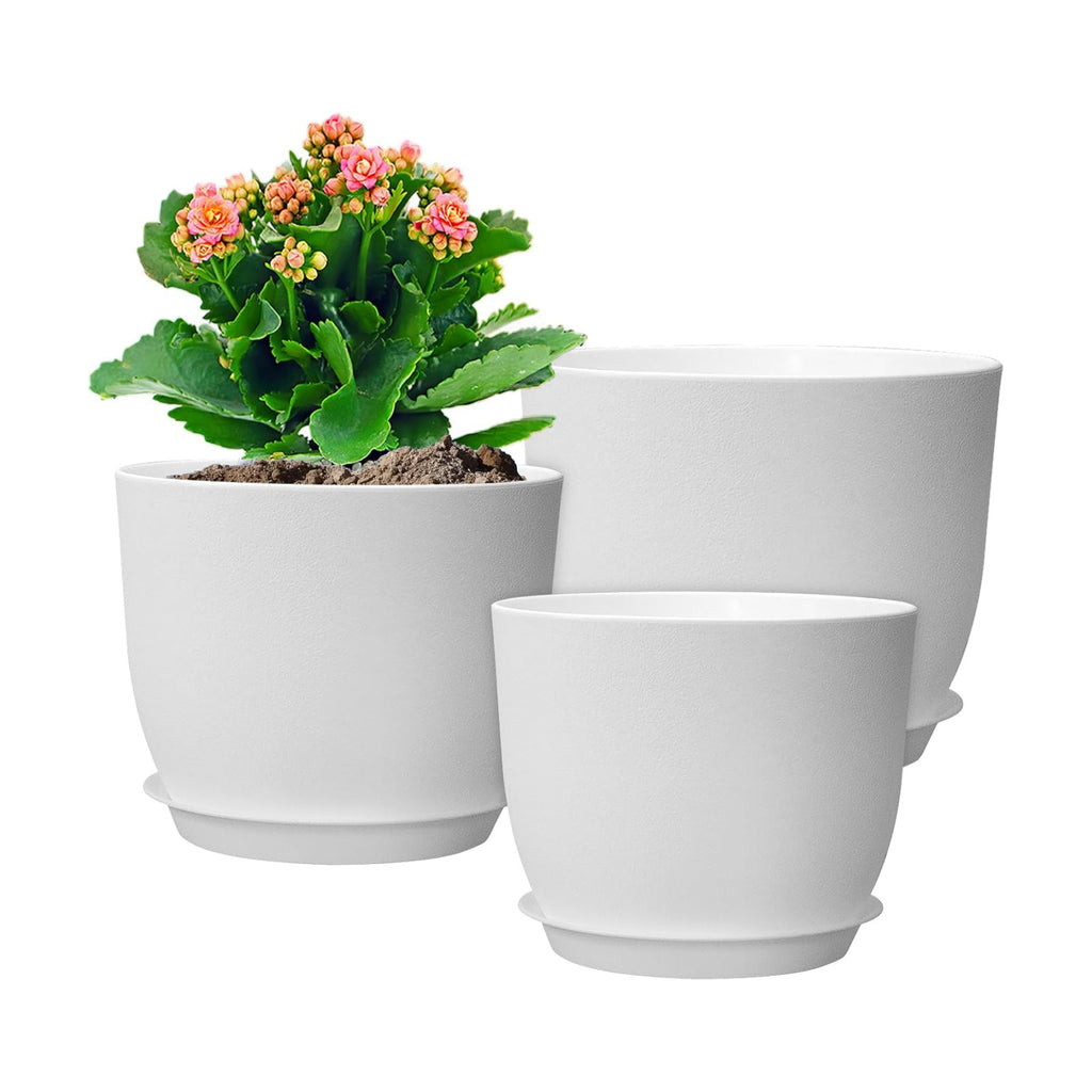 WSMKSZ 10/9/8 inch Medium Flower Pots, 3 Pack Modern Decorative Plastic Planters with Drainage Holes and Tray, Plant