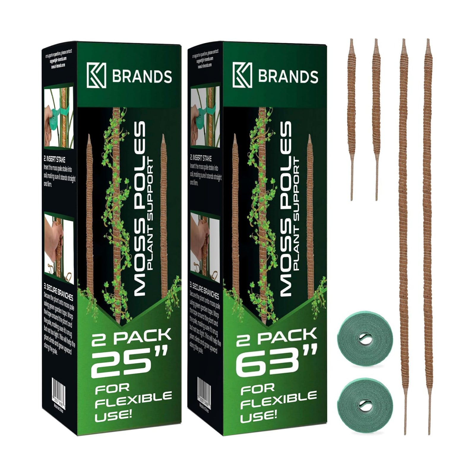 K-Brands 4 Pack Moss Pole Bundle - 2 x 63'' + 2 x 25'' Monstera Plant Support - Moss Poles for Climbing Plants Monstera