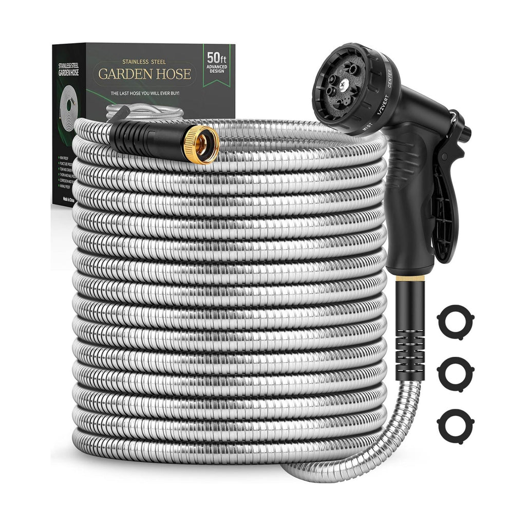 Garden Hose 50 FT, Metal Stainless Steel Water Hose with 10 Function Nozzle | No Kinks, Flexible Hose, Lightweight