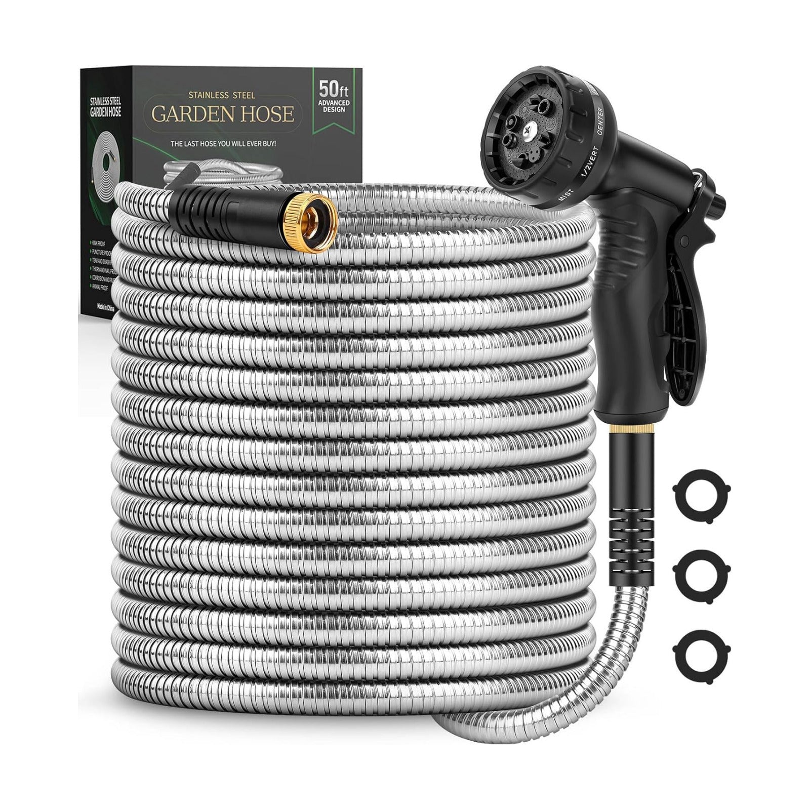 Garden Hose 50 FT, Metal Stainless Steel Water Hose with 10 Function Nozzle | No Kinks, Flexible Hose, Lightweight