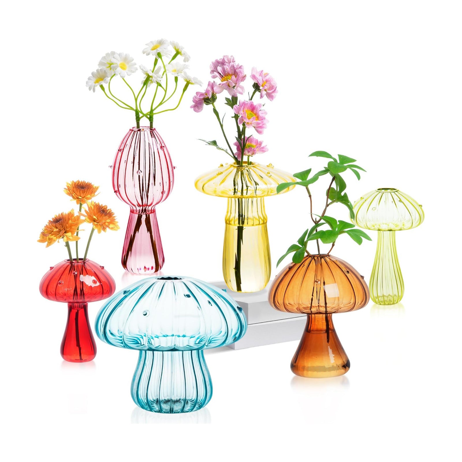 Mushroom Vase, Set of 6 Colored Glass Propagation Stations Vases | Handmade Colored Bud Vases, Cute Mushroom Planter
