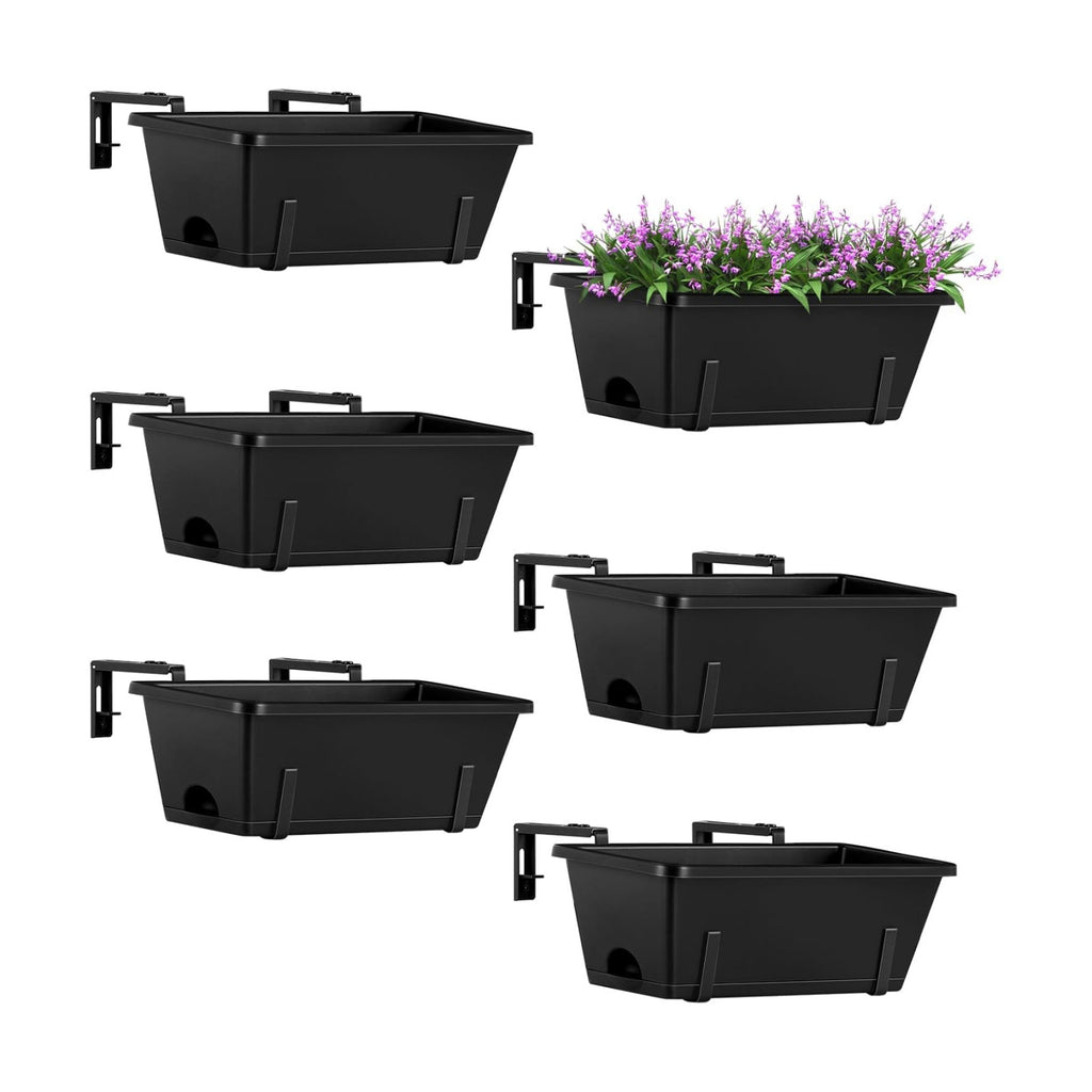ETELI Railing Planter Hanging Planter Box with Brackets Set 6, Black | Adjustable with Drainage Holes for Deck Garden