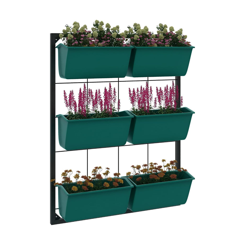 Outsunny 3-Tier Wall Planter w/ 6 Pots, Outdoor Hanging Planter, Green | Indoor Outdoor Use, Self-Draining