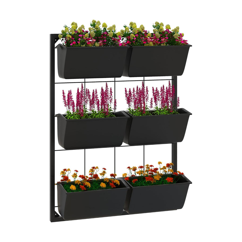 Outsunny 3-Tier Wall Planter w/ 6 Pots, Outdoor Hanging Planter, Black | Indoor Outdoor Use, Self-Draining