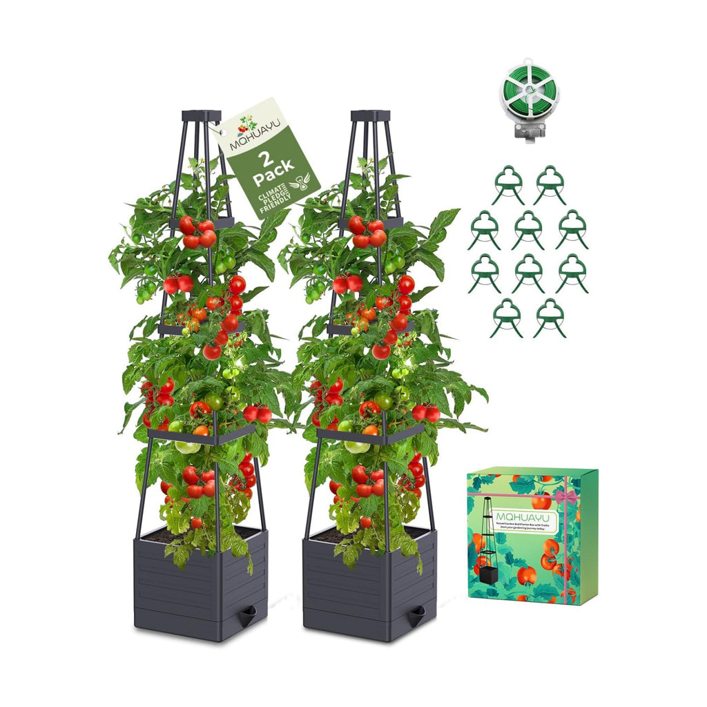 2-Pack Tomato Planter with Trellis, 57" Self-Watering Raised Garden Bed Planter Box, Tomato Cages for Indoor & Outdoor