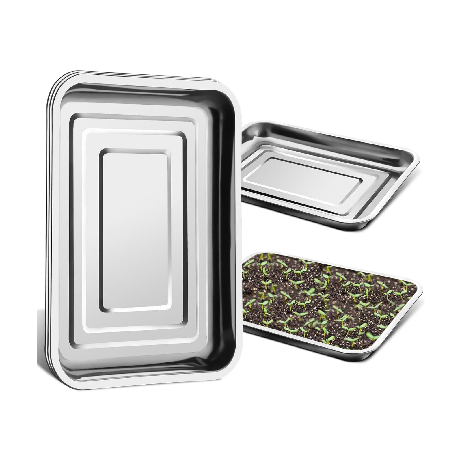 RooTrimmer 5 Pack Large Stainless Steel Seedling Trays, Heavy Duty Metal Water Catch Trays for Nursery Pots-Transplant