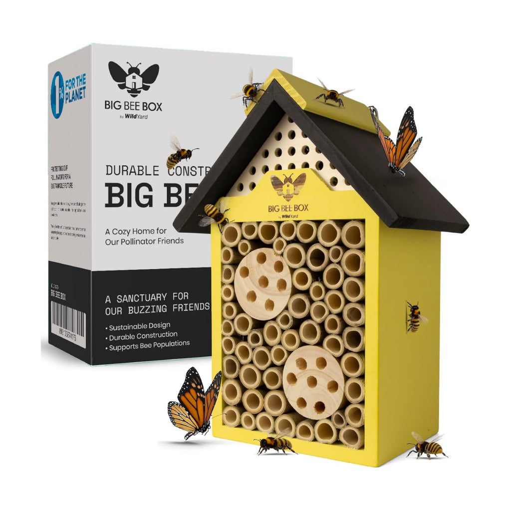 Bee House for Garden - Yellow with Nesting Tubes, Easy Mount | Wooden pollinator hotel with removable nesting tubes