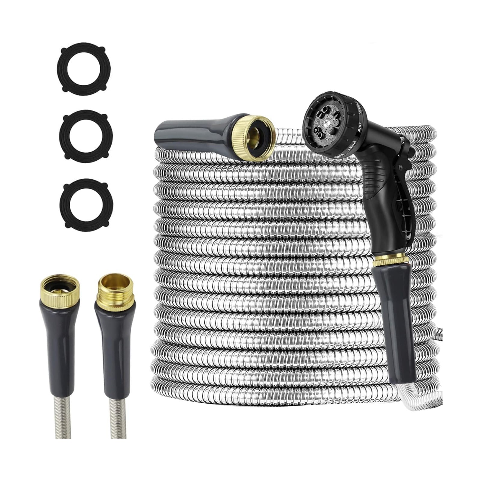 Stainless Steel Garden Hose 75ft Heavy Duty Metal Water Hoses with 10 Function Water Hose Nozzles for Yard Outdoor