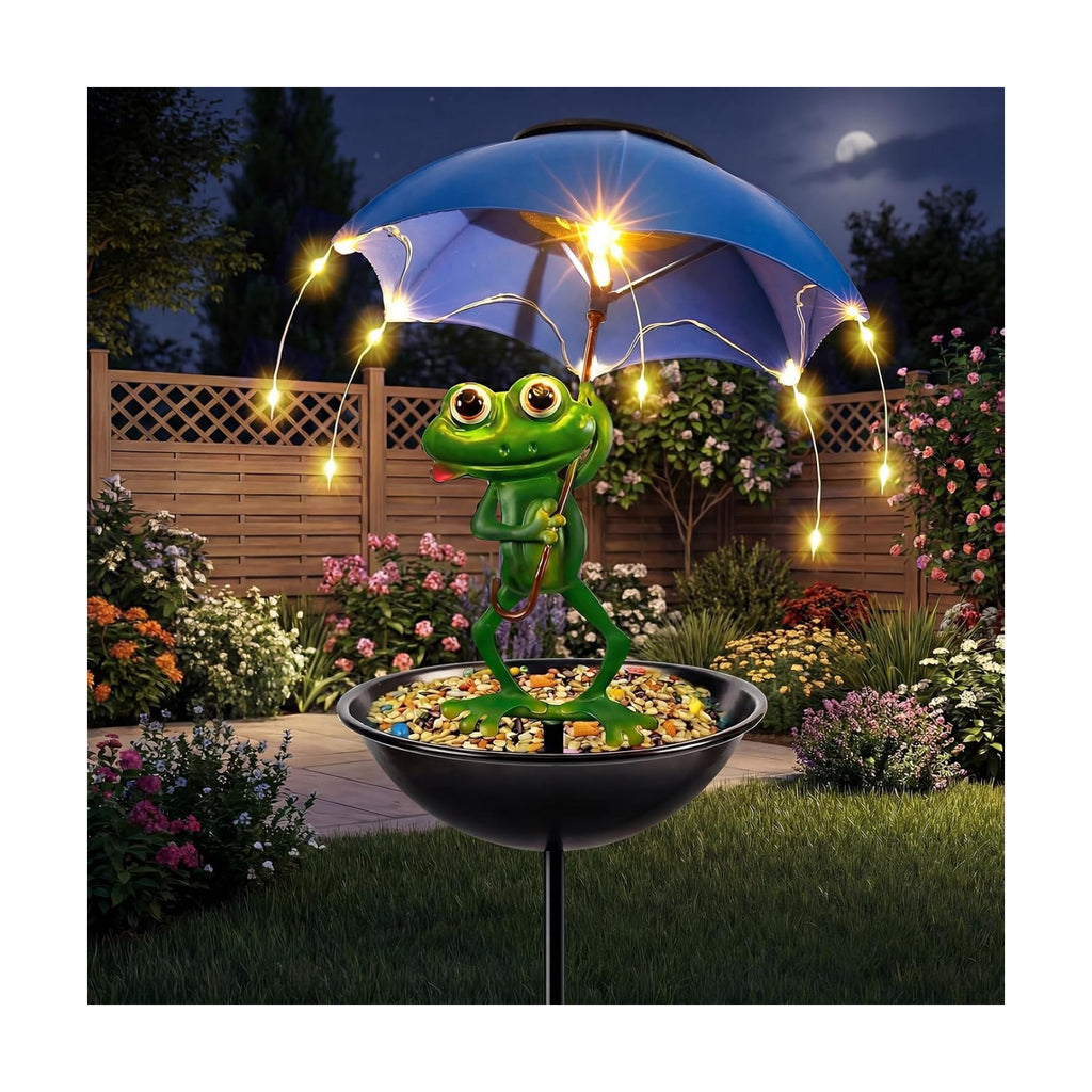 Solar Bird Feeder Frog Garden Decor, Outdoor Solar Lights Frog Figurine Lights with Umbrella, Hummingbird Feeder Decorative Path Lights Gardening Gifts for Women, Yard Art Ornament Bird Feeder