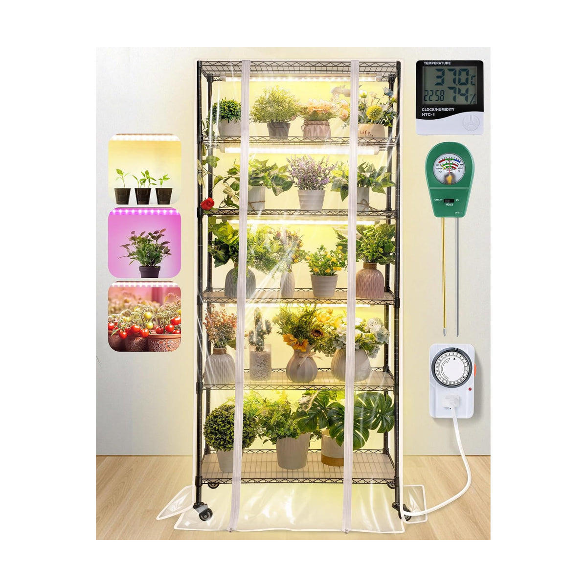 Meonum Indoor Greenhouse with Grow Lights, 6 Tier Metal Plant Shelf with Cover (30" x 13.8" x 70.8"), 5 Pack Full
