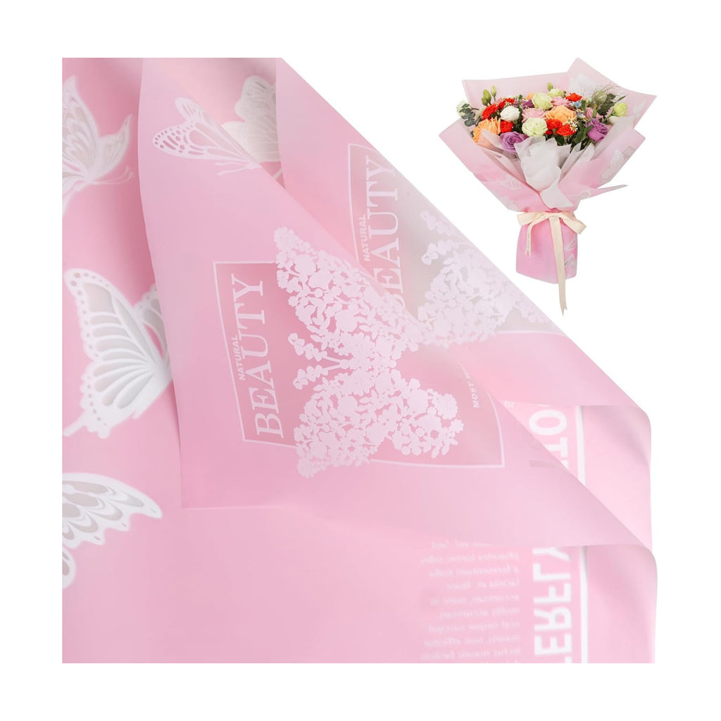 20 Sheet Flower Wrapping Paper-Waterproof Bouquet Paper (Butterfly Pink)