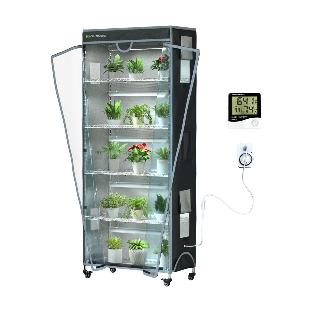 Indoor Greenhouse 6-Tier Plant Stand with Grow Lights & Cover | Fully Covered, Thermometer & Timer | 5 Sets T8 Lights