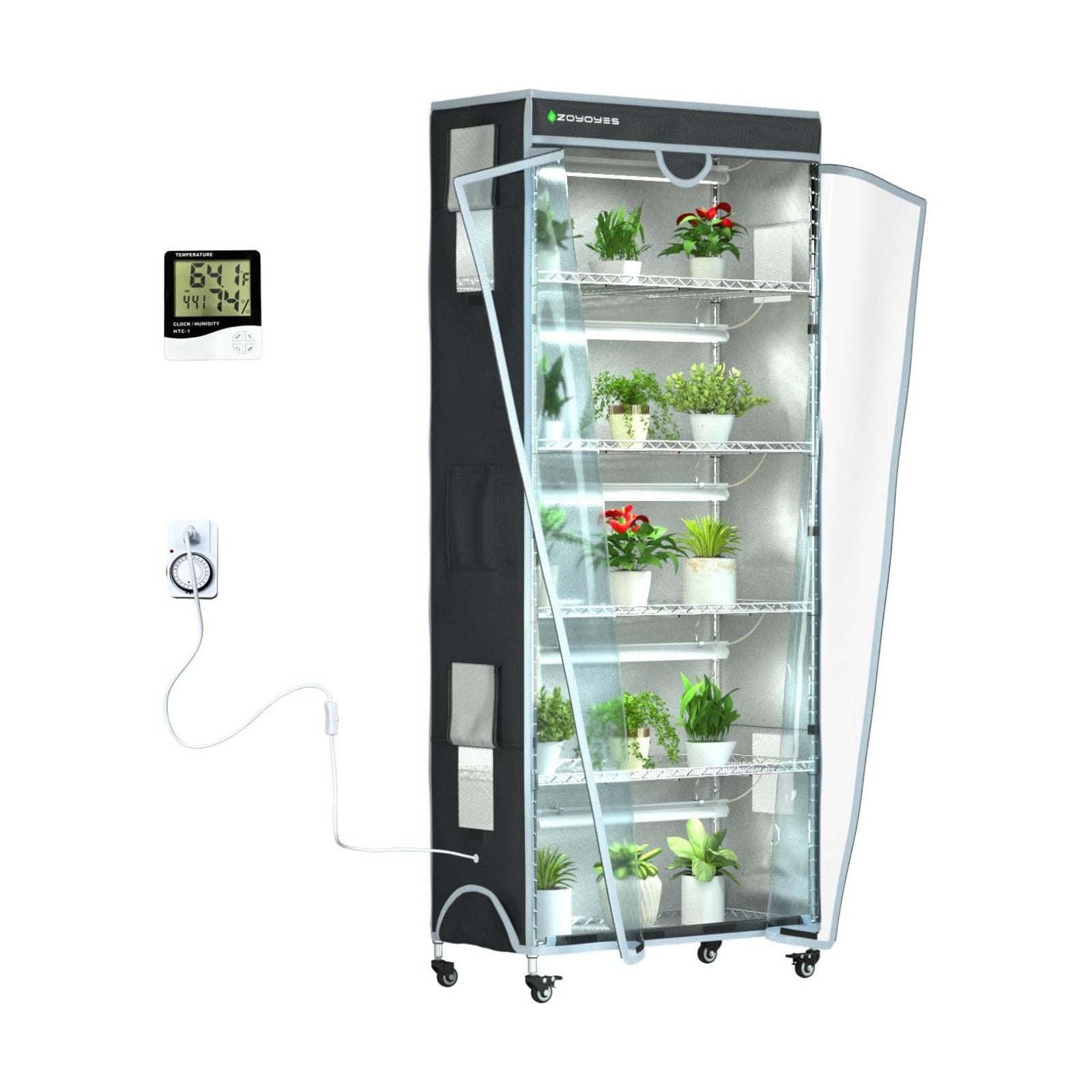 Indoor Greenhouse 6-Tier Plant Rack with Cover & 5 T8 Grow Lights | Thermometer & Timer – Seedlings, Flowering, Herbs &