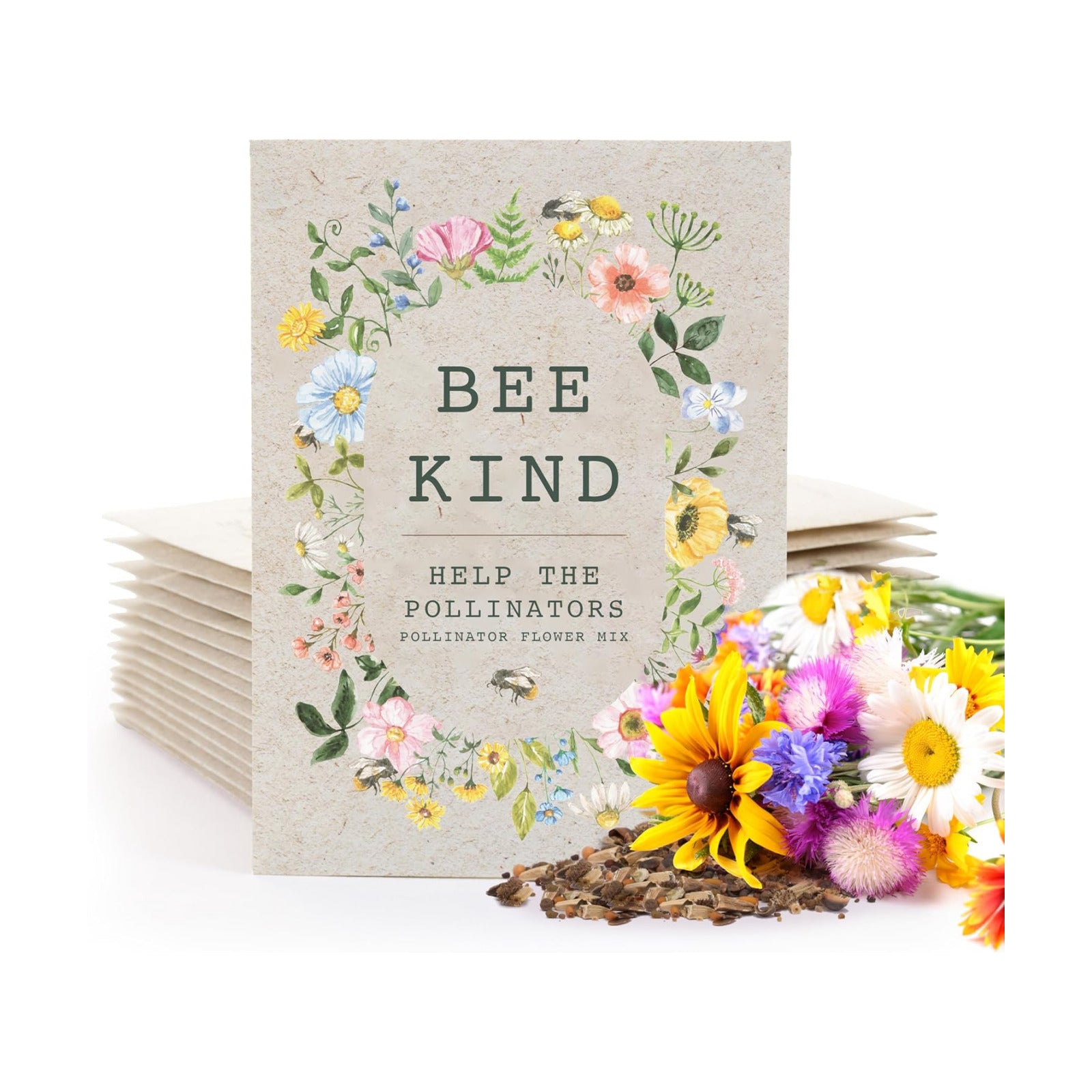 Bee Kind Pollinator Flowers | Beautiful Bee Art Kraft Look Seed Packets | Environmental Favors Cards for Guests