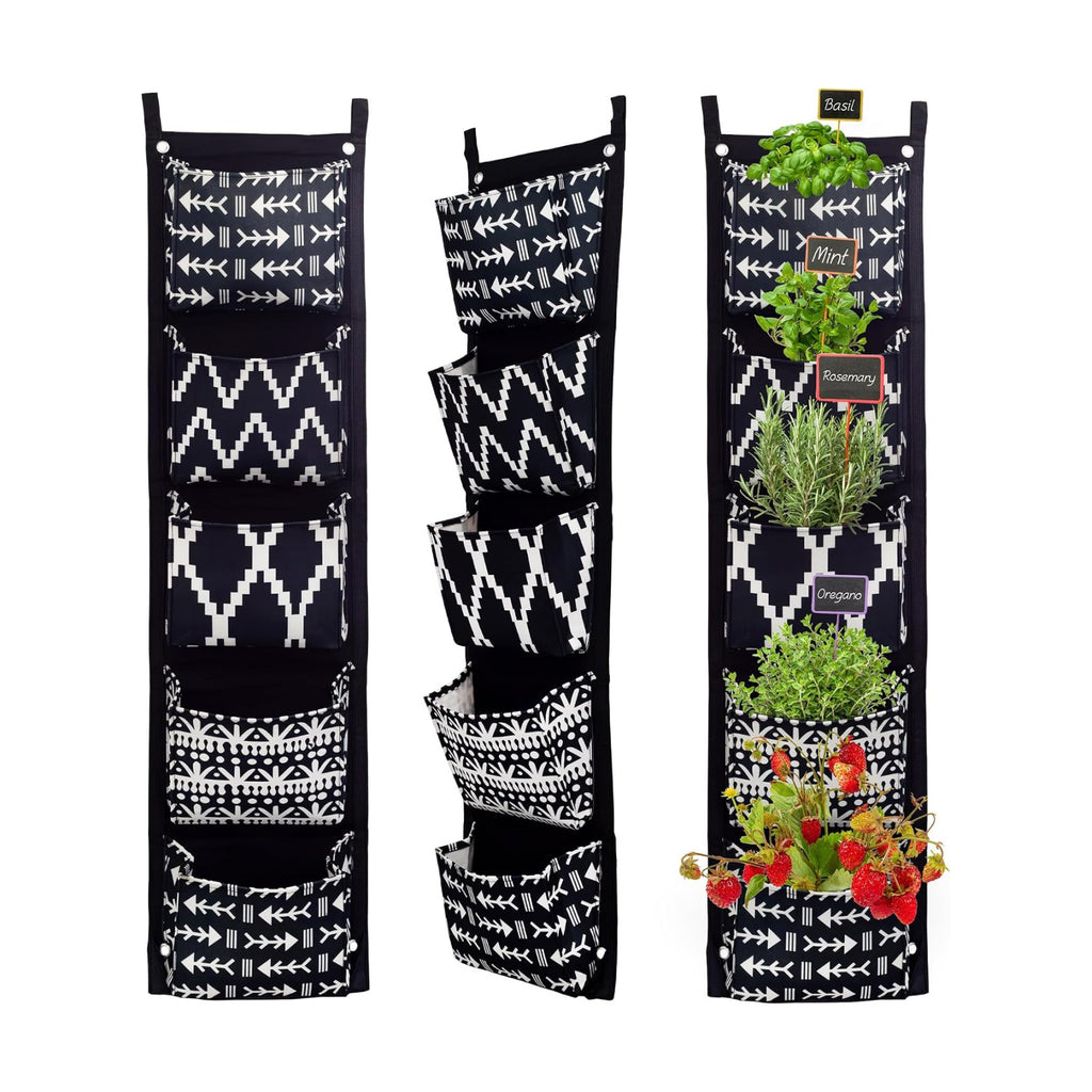Esterno Boho Fabric Hanging Planter (3 Sets of 5 Pockets); Vertical Hanging Herb/Flower Planter
