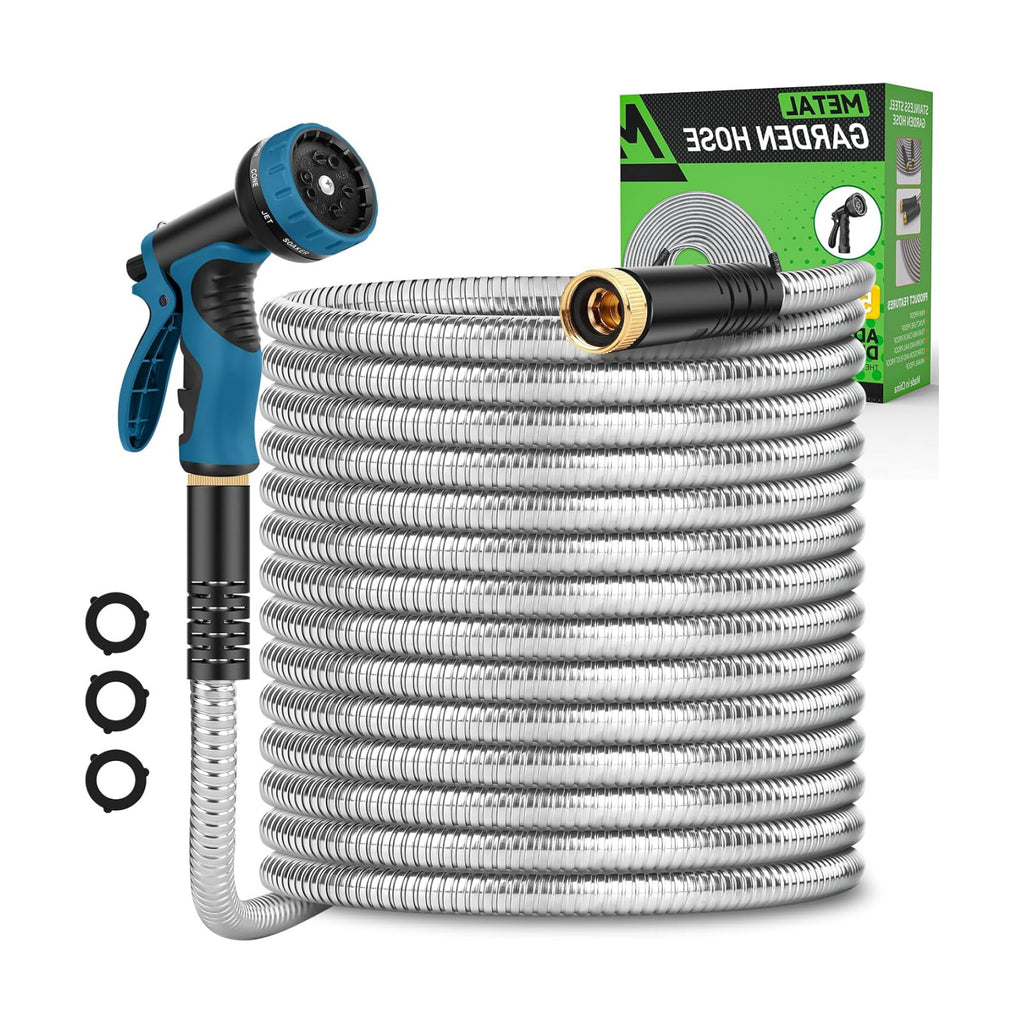 Kebose Garden Hose 100FT, Stainless Steel Hose with 10 Functional Nozzles | No Kink Metal Water Hose, Lightweight and