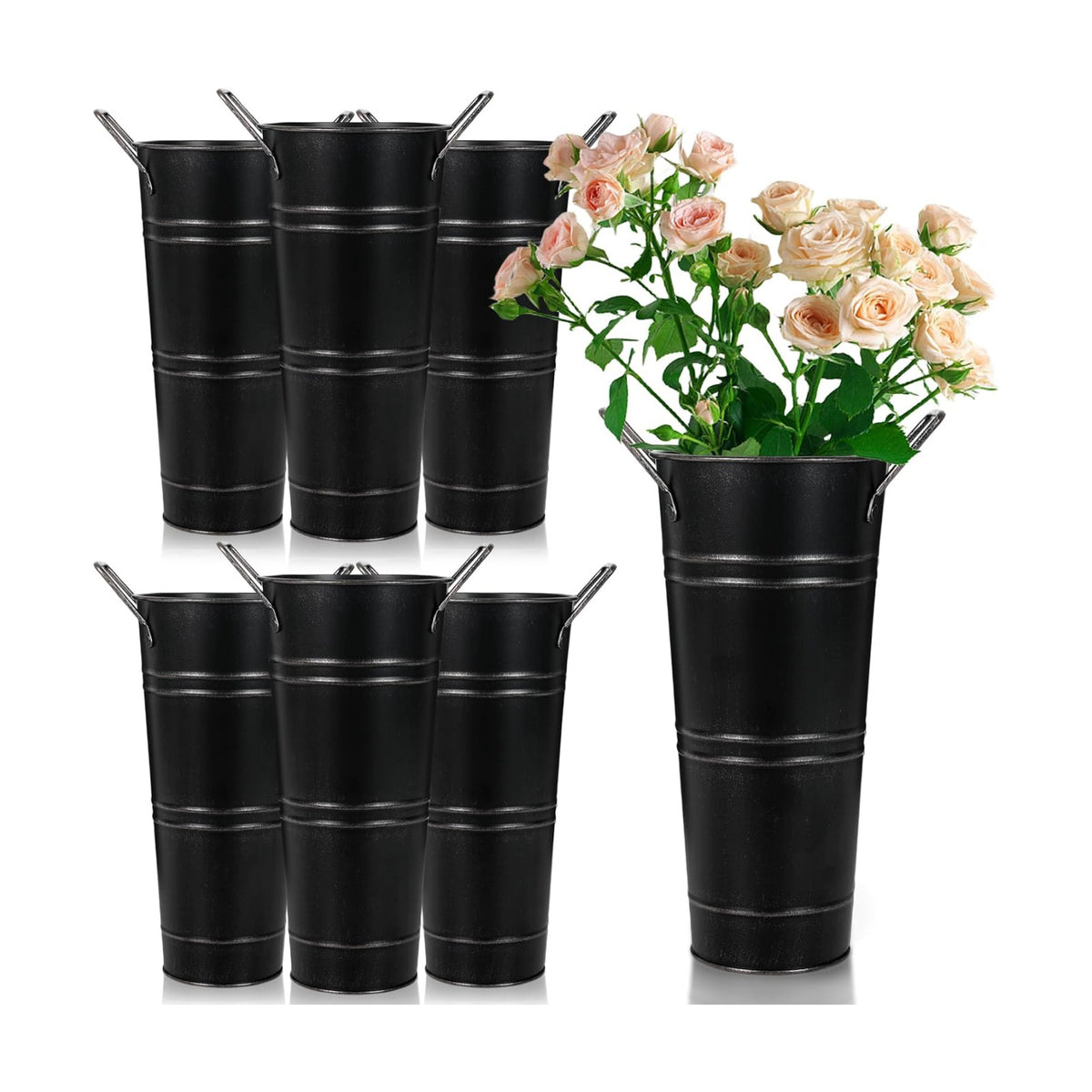 9 Inch High Galvanized Bucket Vase w/Handle 6Pcs White Metal Vases