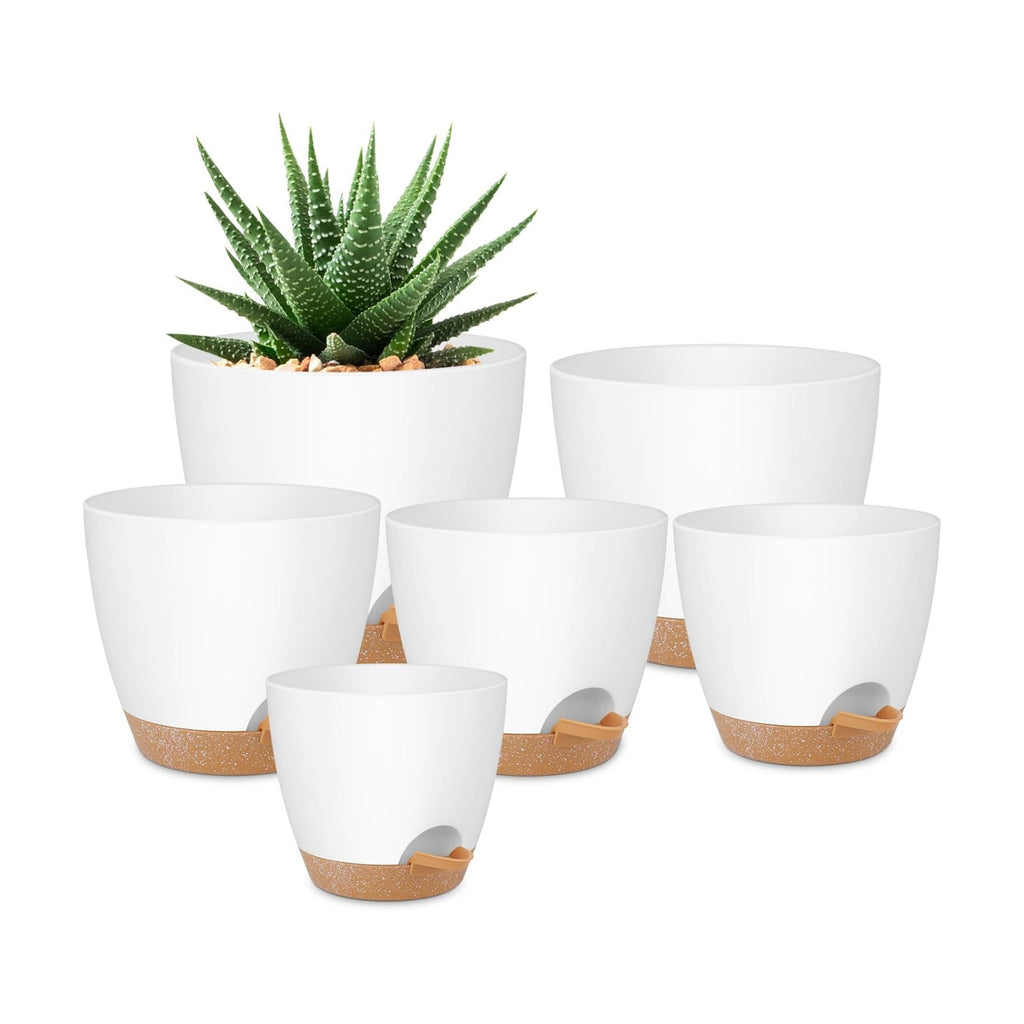 QRRICA Plant Pots 8/7/6.5/6/5.5/5 Inch Self Watering Pots, Set of 6 Plastic Planters with Drainage Holes and Saucers,Plastic Flower Pots,Nursery Planting Pot for Indoor Out Door Plants（White）