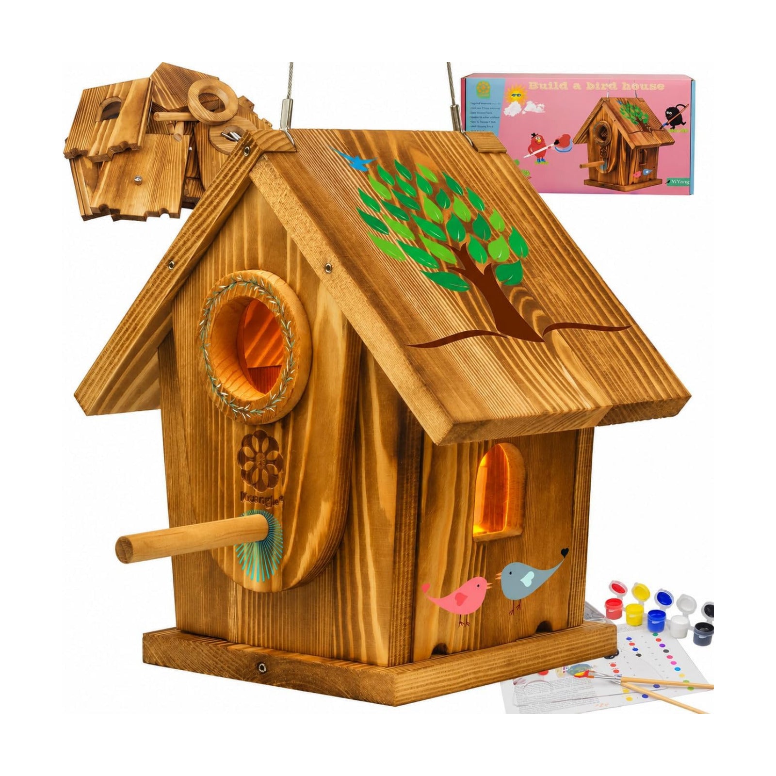 Bird House Kit for Kids & Adults, DIY Cedar Birdhouse with Paint | Mortise & Tenon, Carbonized Cedar, 3 Entrance Sizes