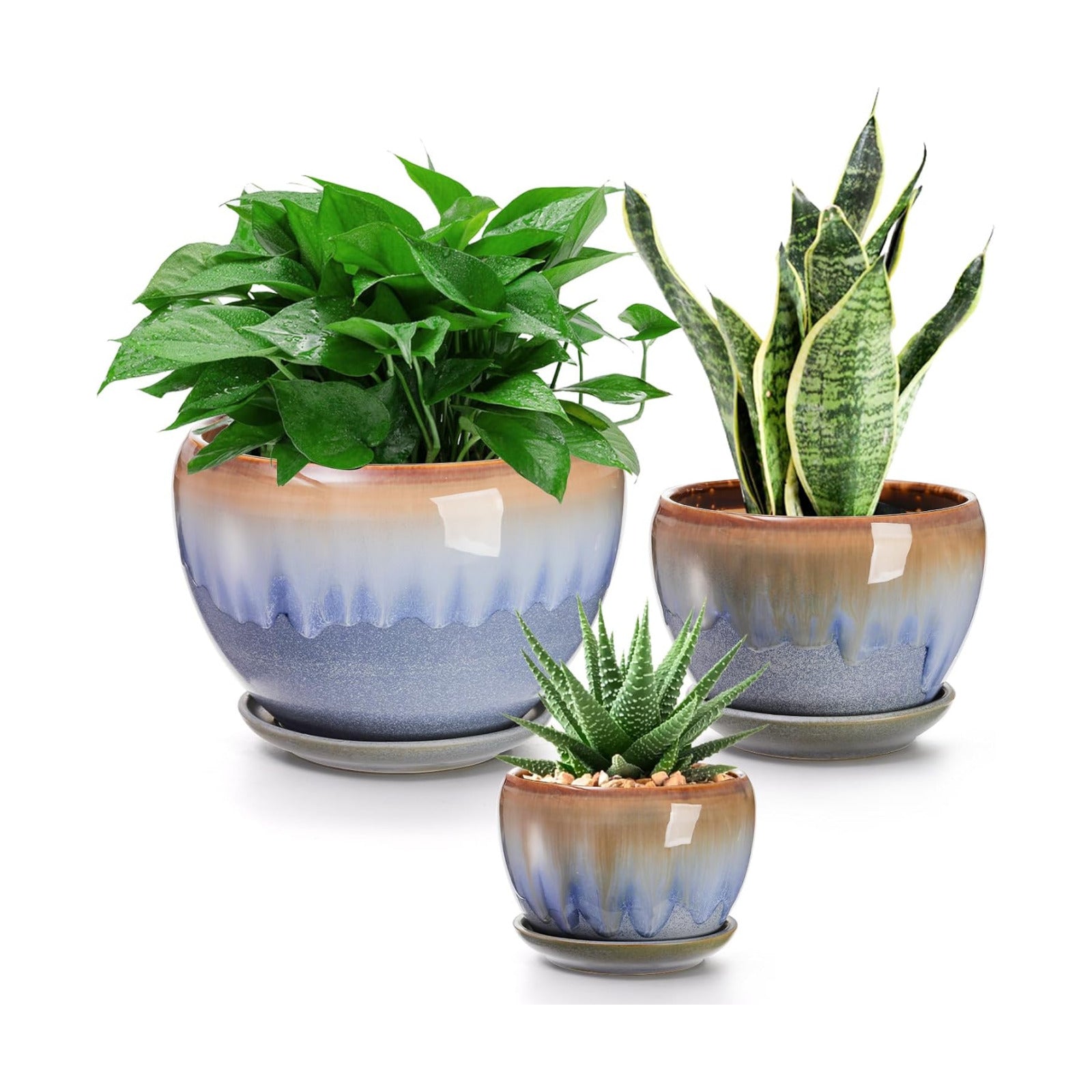 AVLA 3 Pack Ceramic Plant Pots, Gardening Drip Glazed Planters, Decorative Flower Pot with Drainage Hole and Saucer