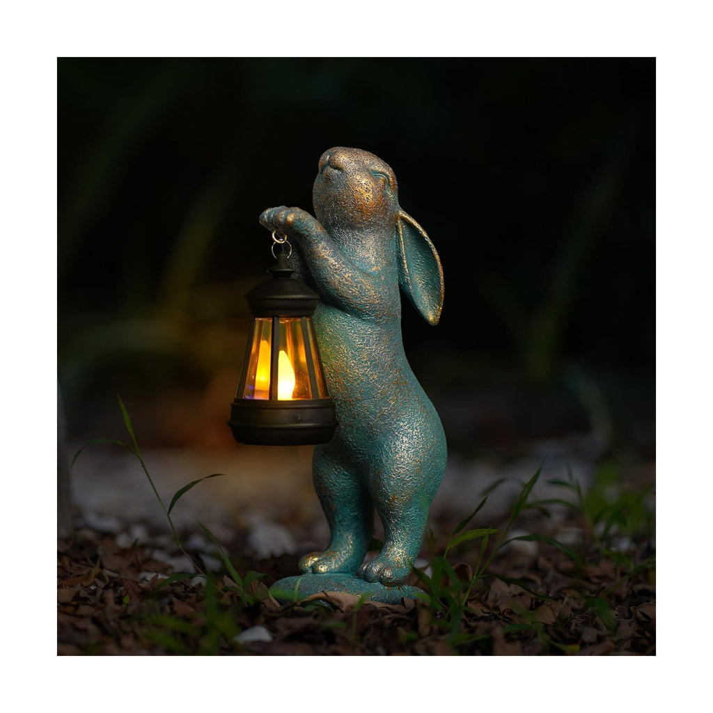 MININOVA Garden Statues Rabbit with Solar Lantern Resin Outdoor Bunny Figurines Decorations for Patio Yard Lawn