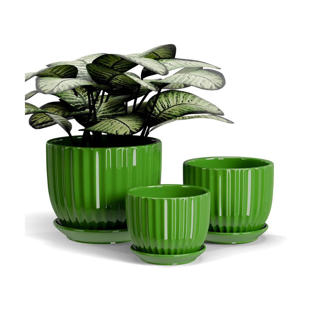 Green Plant Pots,Ceramic Planters with Drainage Holes & Saucers Set of 3 | Planters for Indoor Plants | Small Succulent