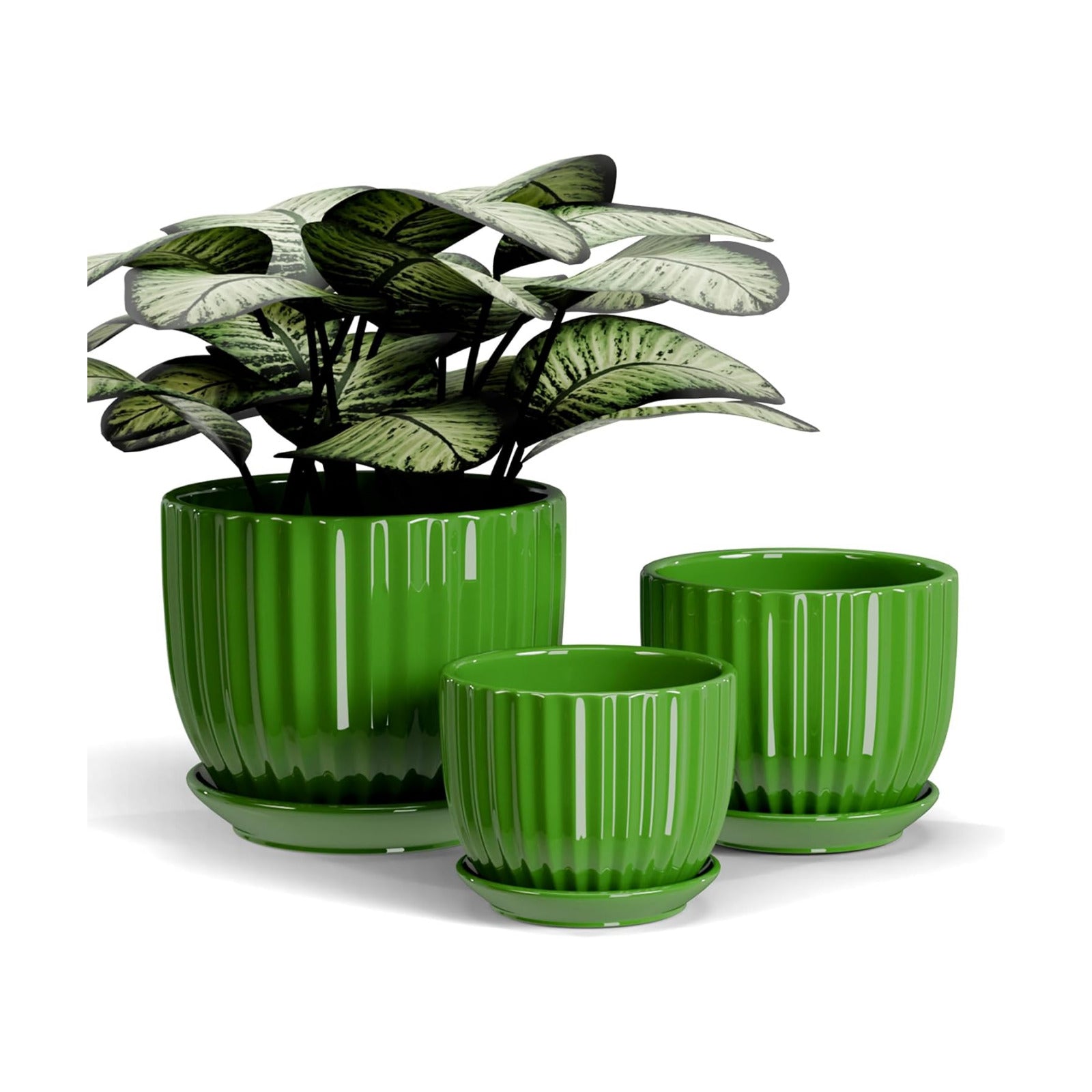 Green Plant Pots,Ceramic Planters with Drainage Holes & Saucers Set of 3 | Planters for Indoor Plants | Small Succulent