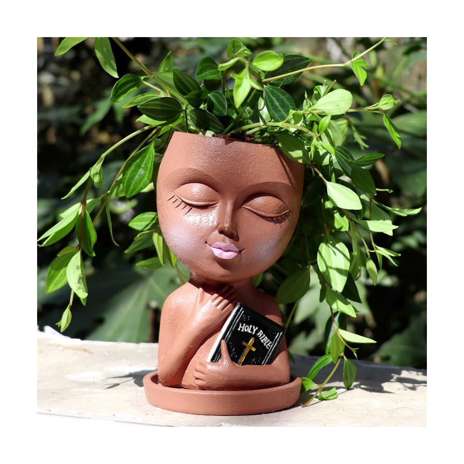 Face Planters Pots Head for Indoor Outdoor Plant Unique Head Planter Holding Book Confessional Girl Face Flower Pot