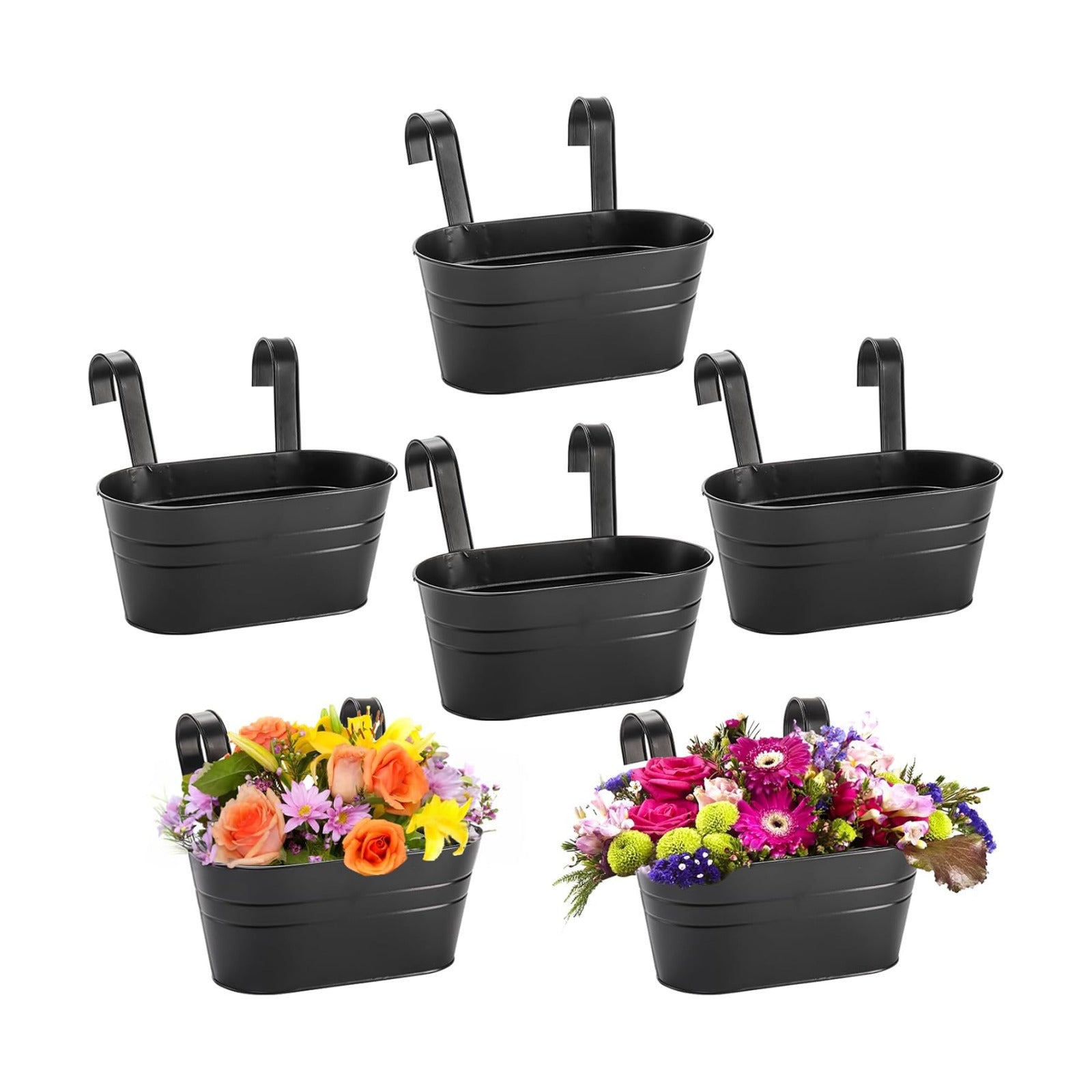 Foraineam 6 Pack Hanging Flower Pots, Metal Iron Hanging Planter Plant Pot Holders for Railing Fence Balcony, Black