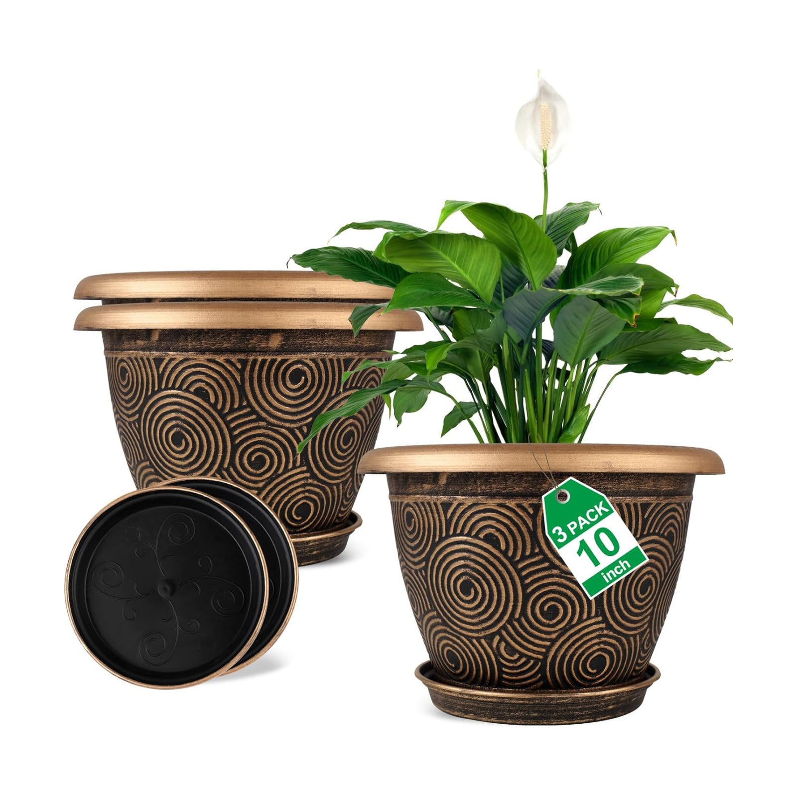 Fodetyff 10 Inch Flower Pots Planters for Indoor Outdoor Plants, 3 Pack Plastic Large Plant Pots with Drainage Hole &