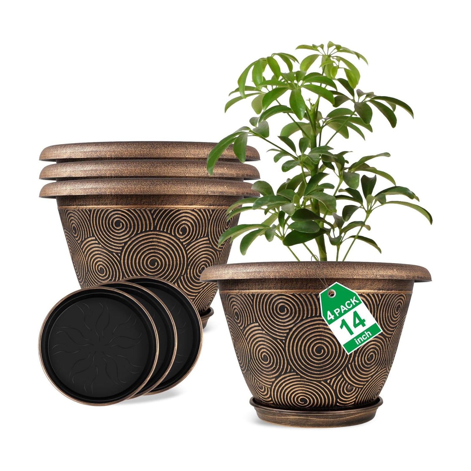 Fodetyff 14 Inch Large Planter Pot for Plants Indoor Outdoor, 4 Pack Plastic Flower Pots with Drainage Hole & Tray