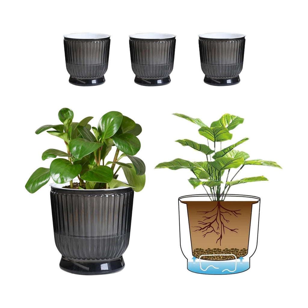 T4U Self Watering Pots for Indoor Plants 6 Inch 4 Pack Planter Gray | Clear visible water level, Pothos ferns herbs