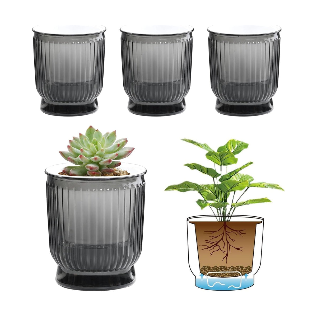 T4U Self Watering Pots for Indoor Plants 4 Inch 4 Pack Planter Gray