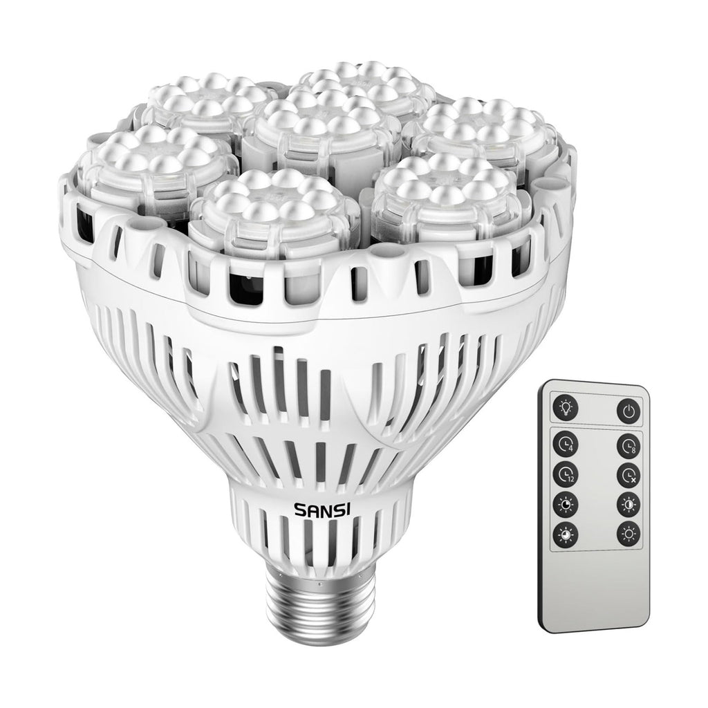 SANSI Dimmable Grow Light Bulb Full Spectrum, 40W Grow Bulb with Remote | (600 Watt Equiv) Auto On Off Timing, Energy