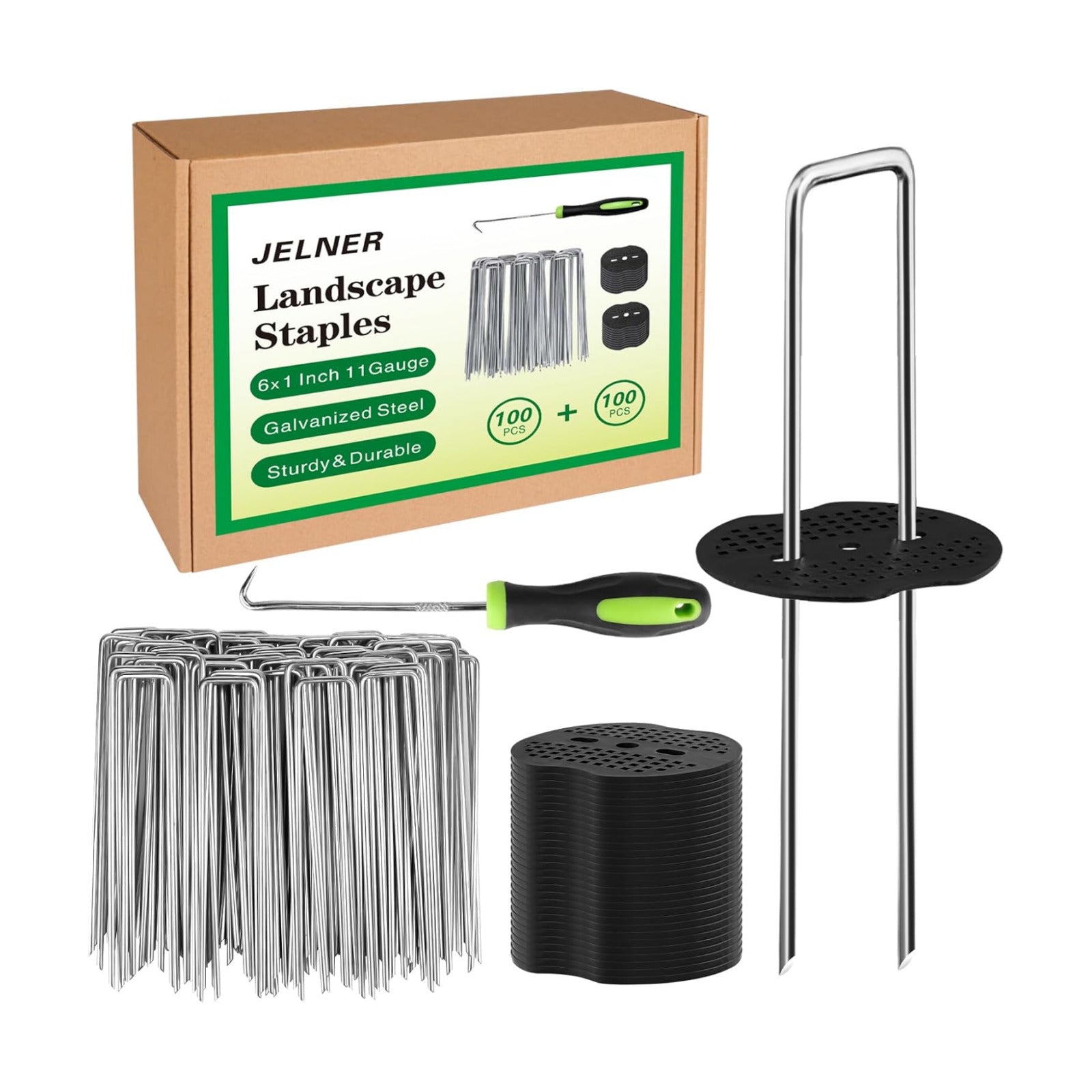 JELNER Garden Stakes,6 Inch 11 Gauge 100pcs Galvanized Landscape Staples + 100pcs Gaskets + 1Pick Hook, Tent Stakes