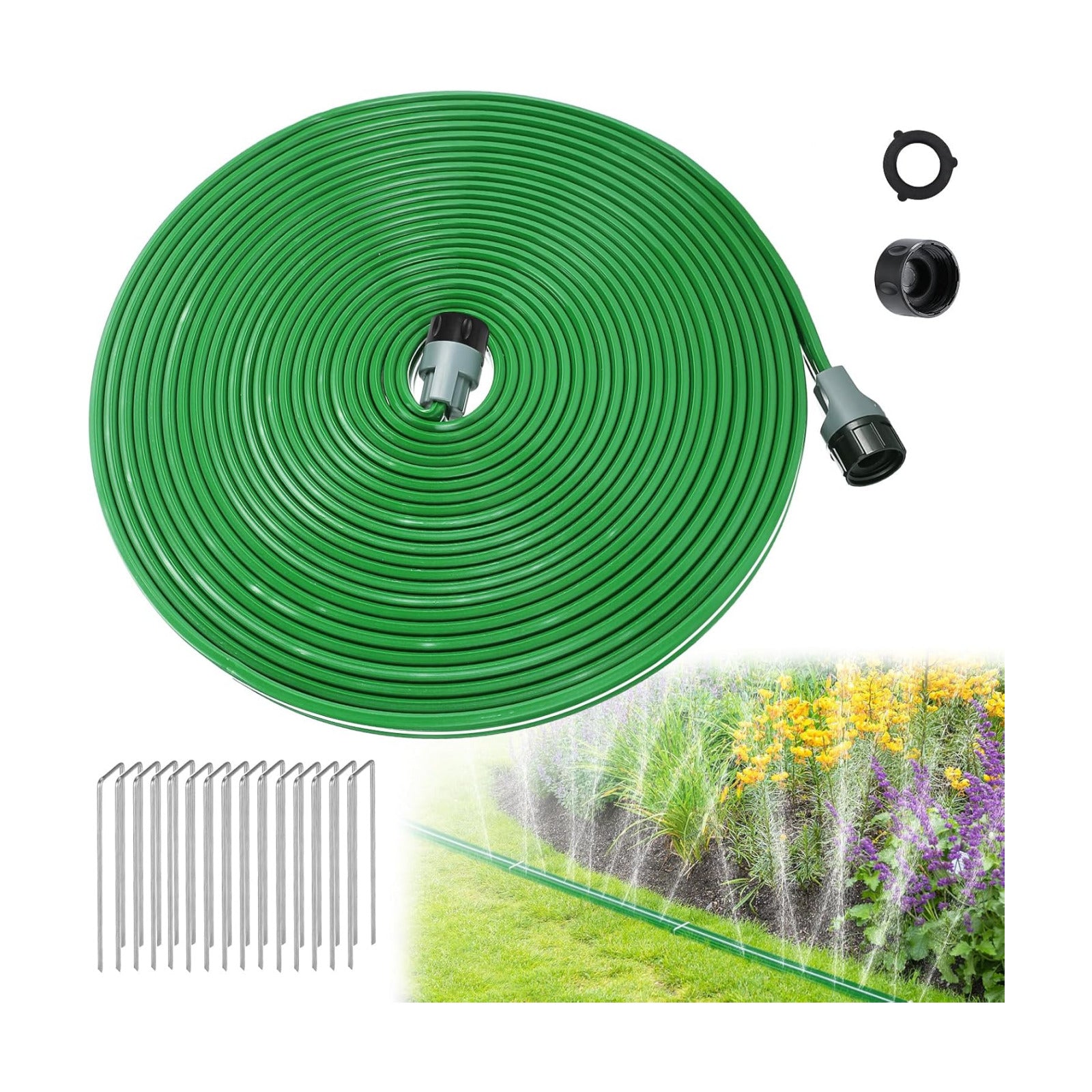 50ft Sprinkler Soaker Hose | Kink-free, Save Water, Flexible, Heavy Duty Three Tube Flat Watering Hose for Garden Yard