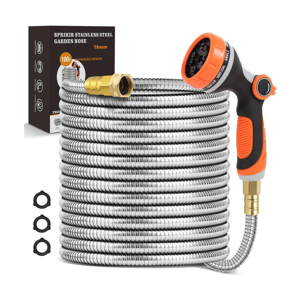 Metal Garden Hose 100 ft, Stainless Steel Water Hose 100ft with 10 Function Nozzle & 3/4 Copper Fitting, Heavy Duty &