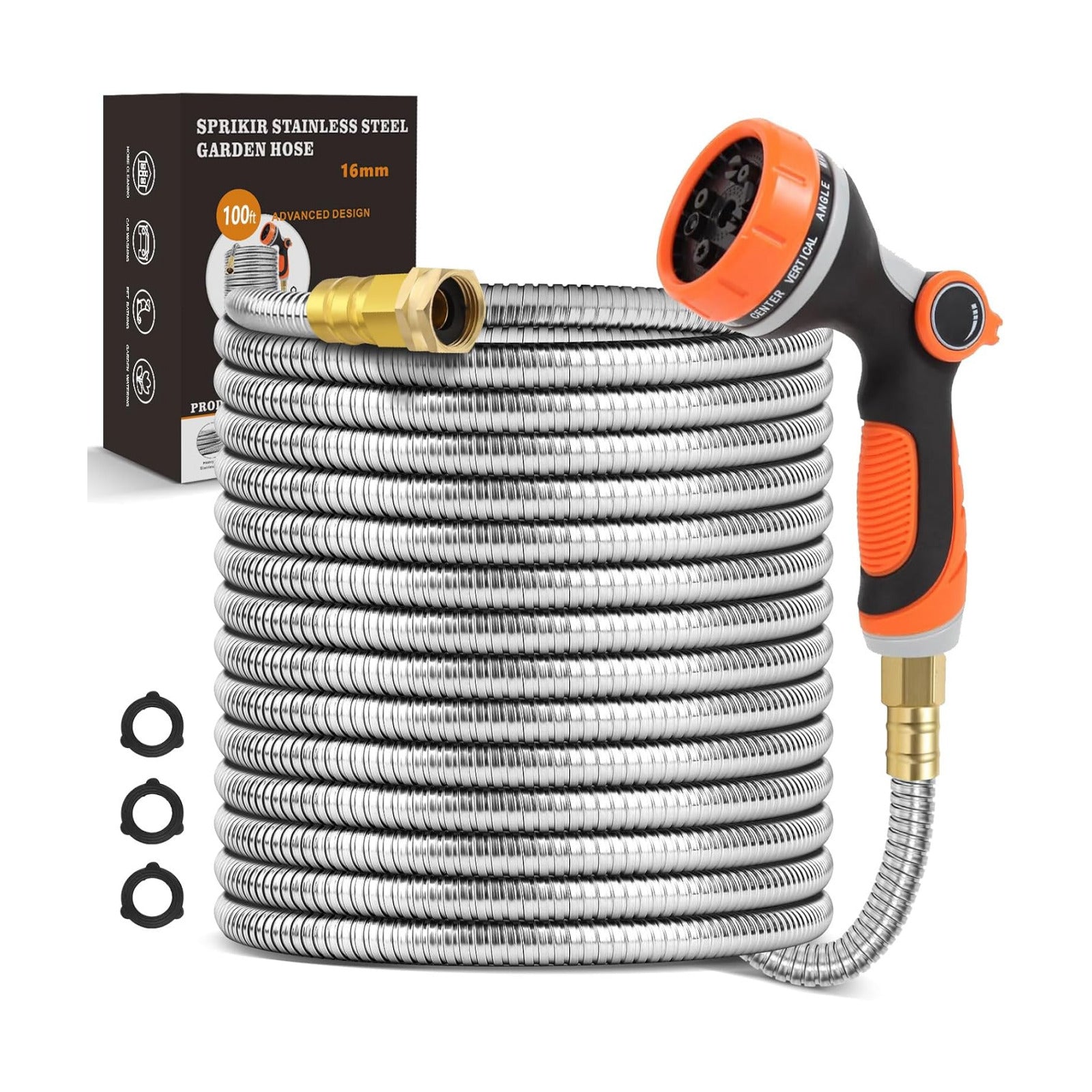 Metal Garden Hose 100 ft, Stainless Steel Water Hose 100ft with 10 Function Nozzle & 3/4 Copper Fitting, Heavy Duty &