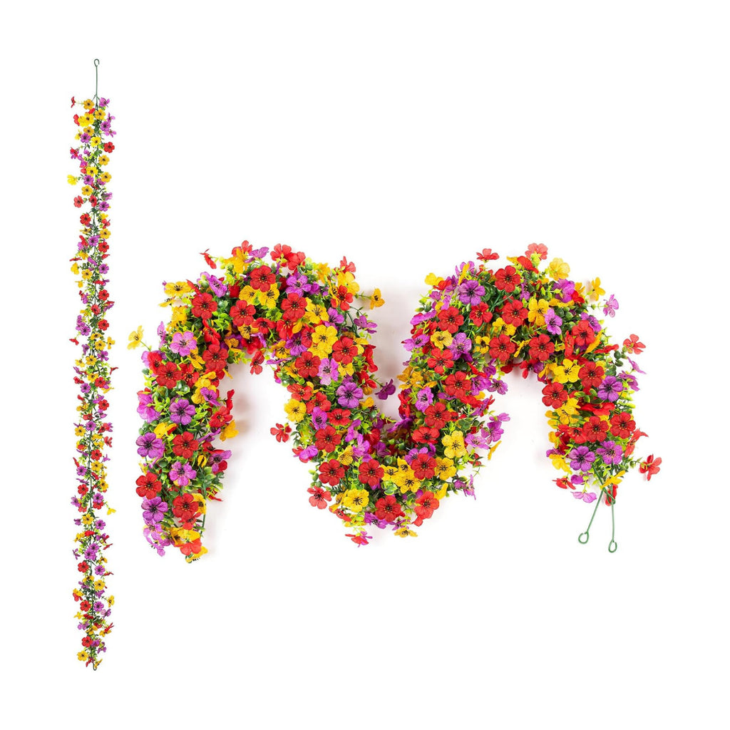 Artificial Flowers Garland Ivy, 4 Pack 5.9 FT Spring Summer Decor UV Resistant Fake Mums Floral Vine Silk Daisy Hanging Flower for Home Garden Wedding Decor Photo Booth Backdrop(Red purple yellow)