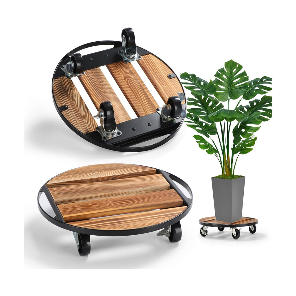 2 Pack Plant Stand with Wheels, 14" Rolling Plant Caddy 264 LB Heavy Duty, Iron and Wood Round Plant Dolly with Metal