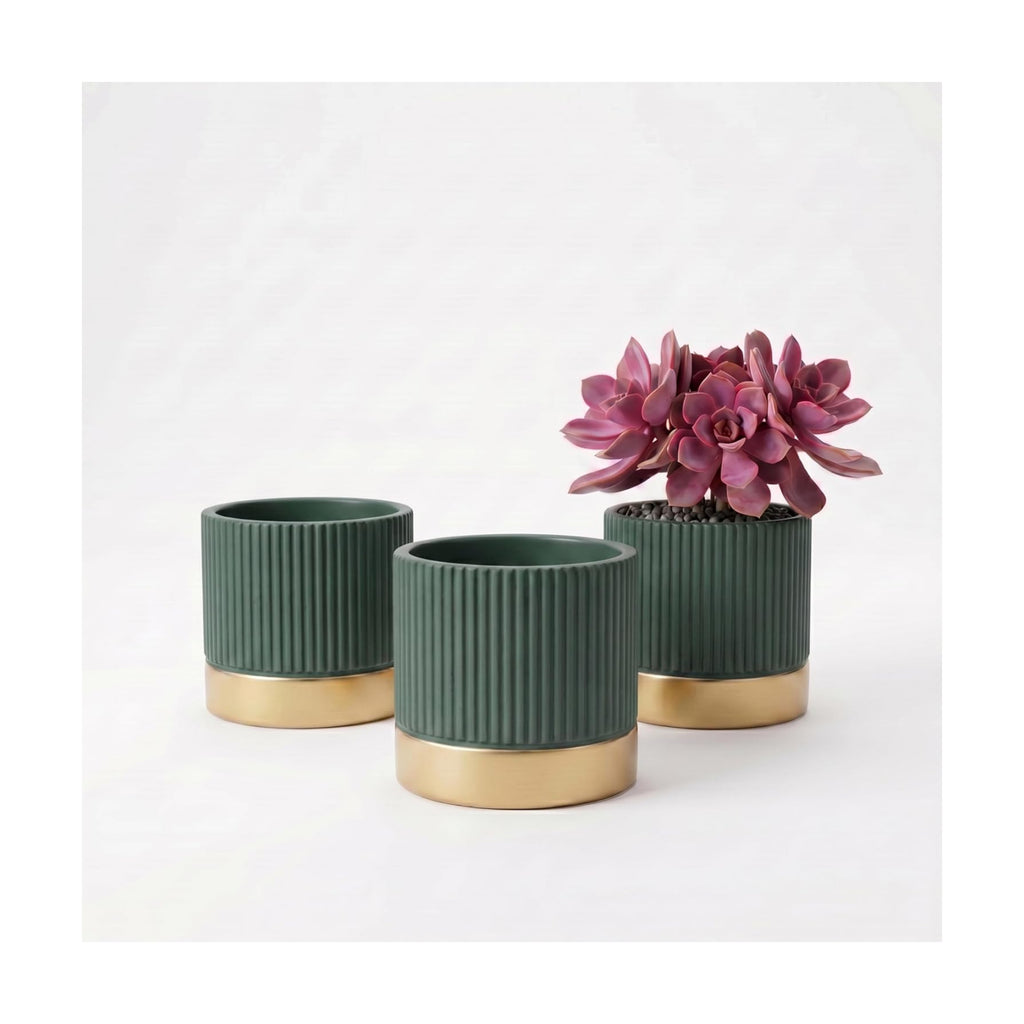 3-Pcs 4 Inch Cement Planters Set - Vintage Ribbed Flower Pots with Gold Rim and Drainage Holes, Modern Ceramic