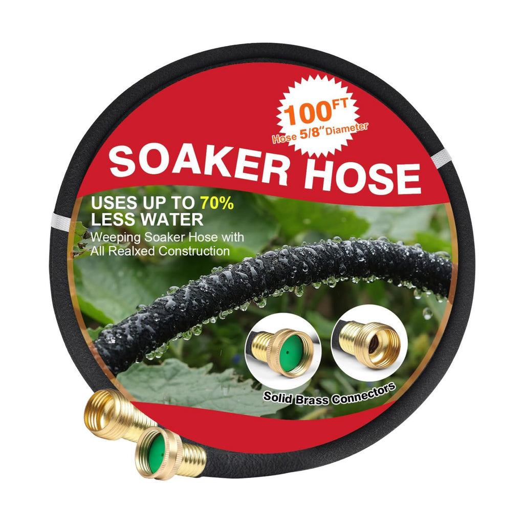 Soaker Hose 100 FT for Garden with 5/8" Diameter Irrigation Hose Save 70% of Water Solid Brass Interface Eminently