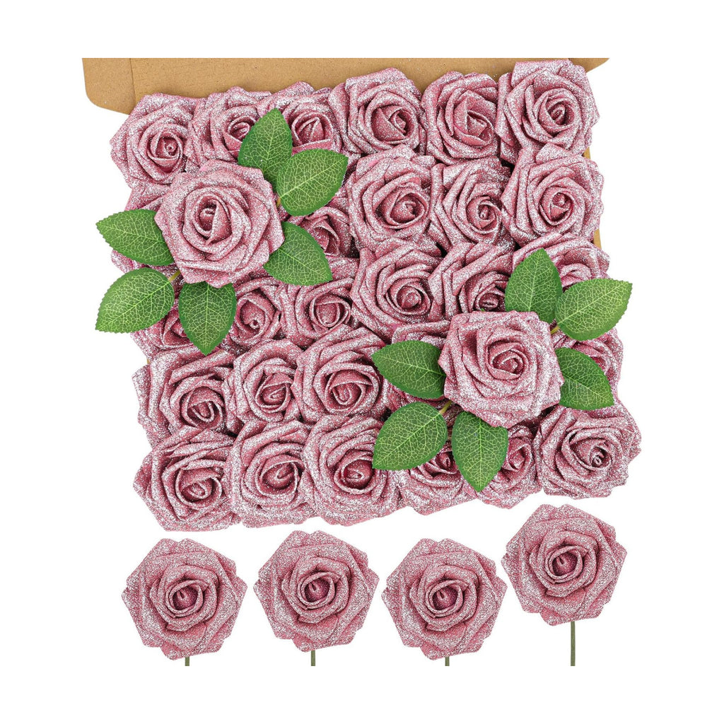 30PCS Pink Glitter Artificial Roses with Stems, Real Touch Foam Flowers
