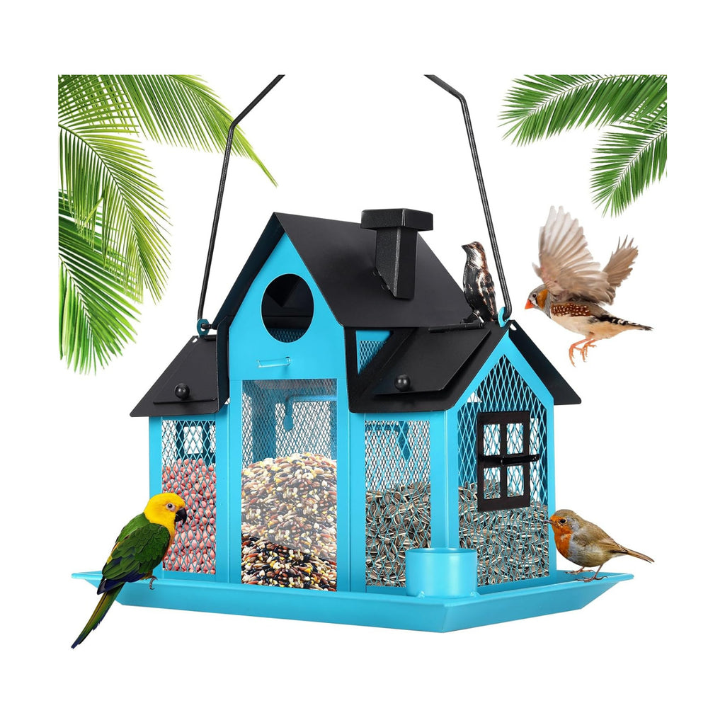 Solar Bird Feeders House for Outside Hanging, Metal Wild Bird Feeder for Outdoors Large Capacity Cardinal Birdfeeder Birdhouses Metal Bird Feeding Station Blue