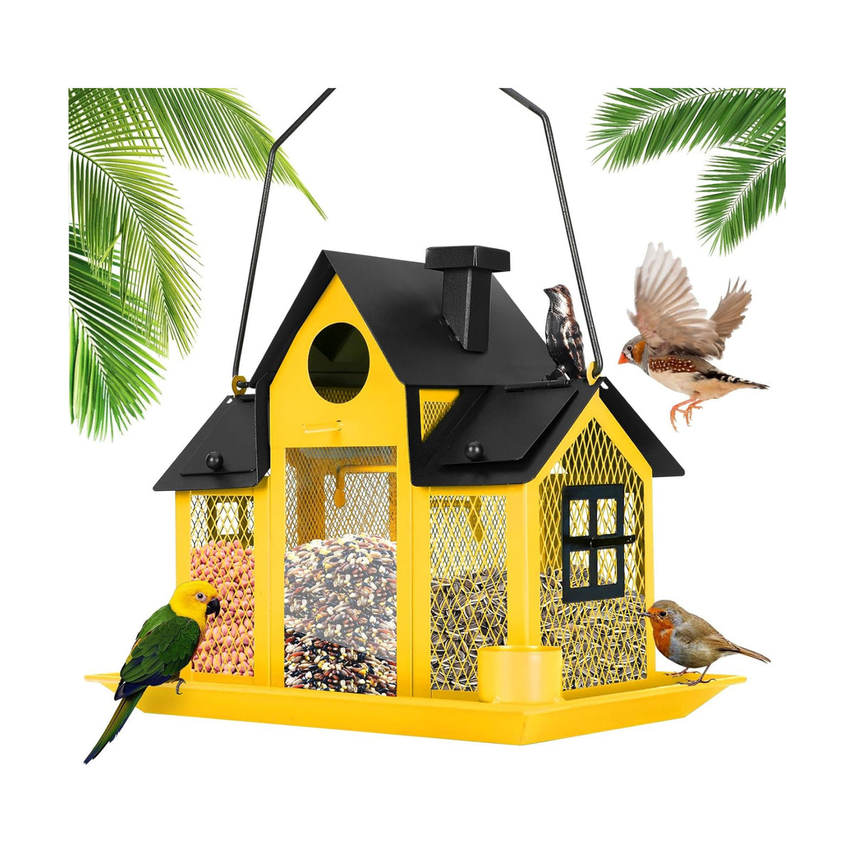 Solar Bird Feeders House for Outside Hanging, Metal Wild Bird Feeder for Outdoors Large Capacity Cardinal Birdfeeder Birdhouses Metal Bird Feeding Station Yellow