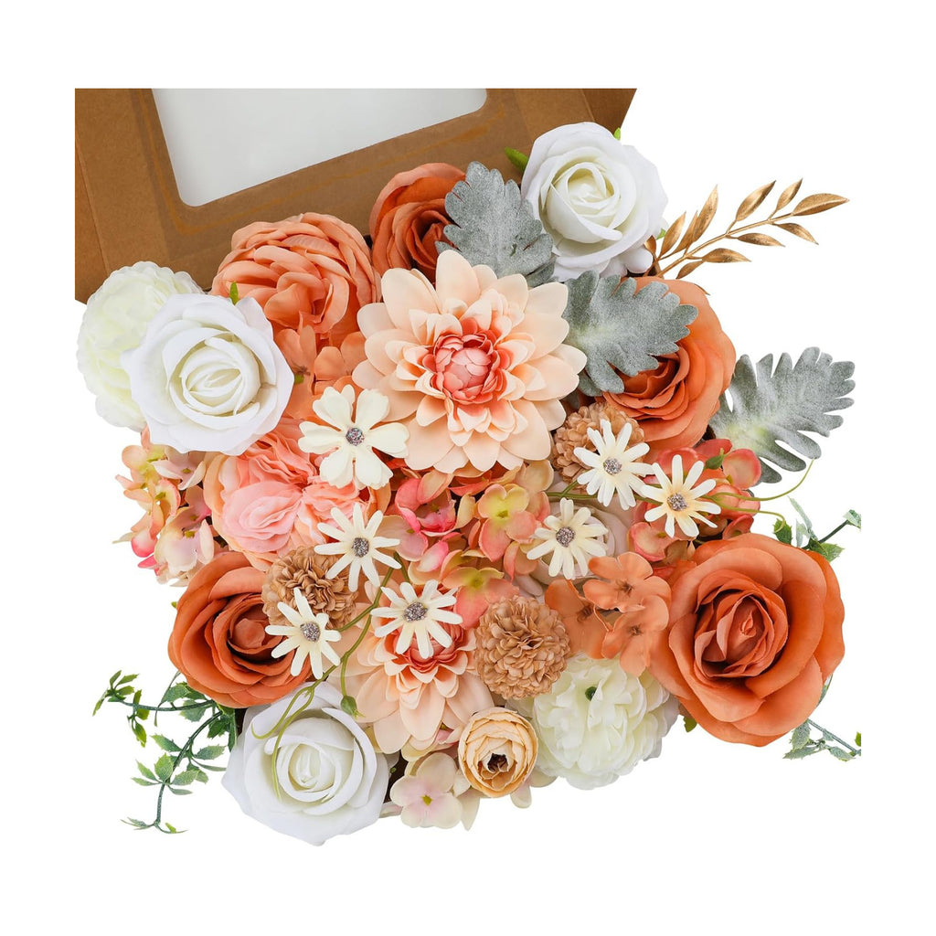 Floweroyal Artificial Flowers Combo Champagne Flowers Mix Silk Flowers Dahlia Roses with Stems for DIY Wedding Bridal Bouquets, Baby Shower, Floral Arrangement, Table Centerpieces, Home Decorations.