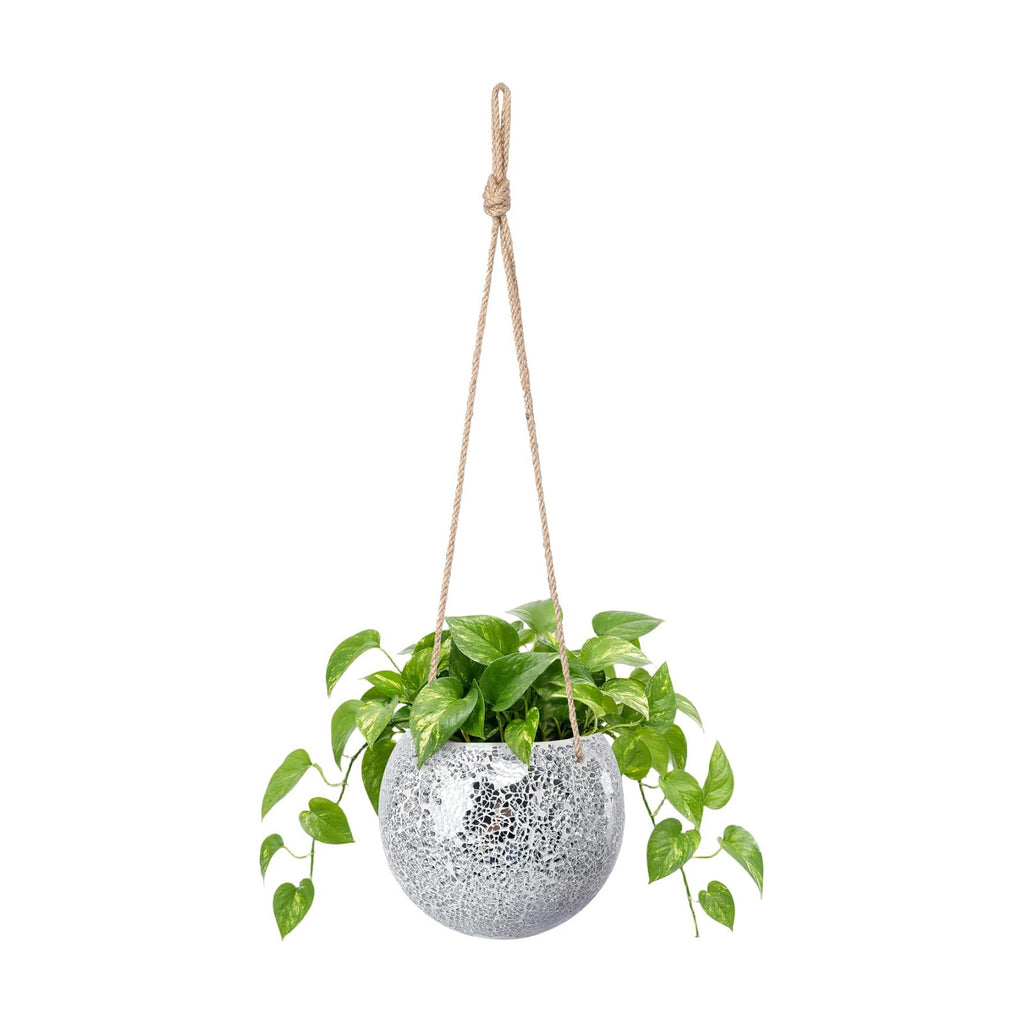 Ceramic Hanging Planter, Silver Small Flower Plant Pot Indoor Decor | Handmade Mosaic Disco Ball Design, with Drainage