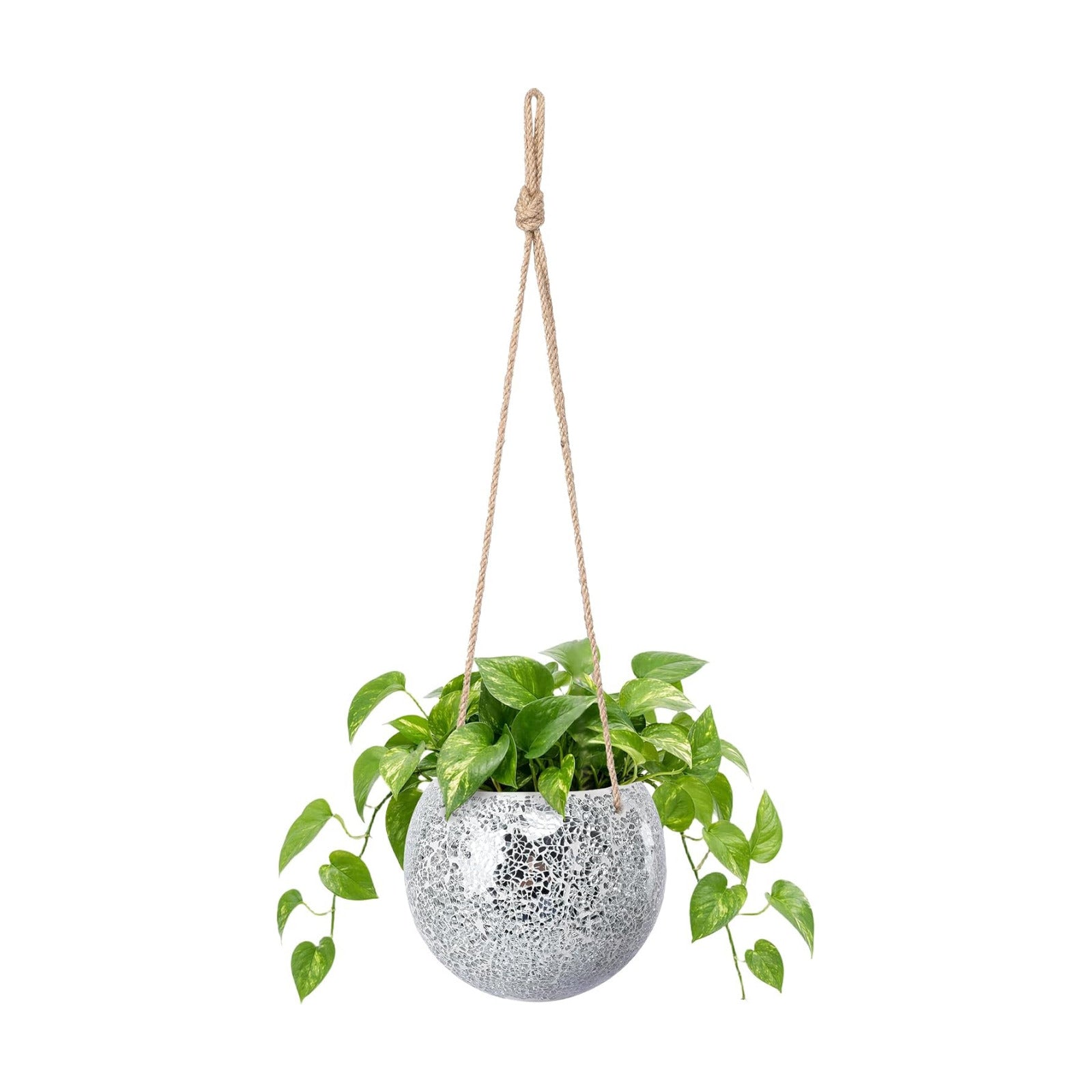 Ceramic Hanging Planter, Silver Small Flower Plant Pot Indoor Decor | Handmade Mosaic Disco Ball Design, with Drainage