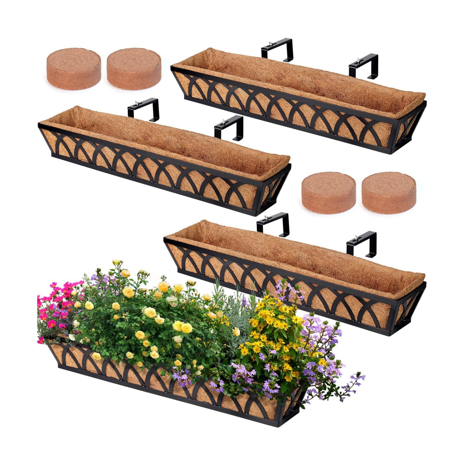 24" Hanging Window Box Basket w/Coco Liner, Black, 4-Pack | Coco Liner, Outdoor Balcony Porch Fence Patio, Home, Office